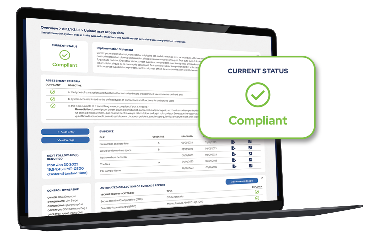 ASCERA dashboard displayed on a laptop showing a compliant status